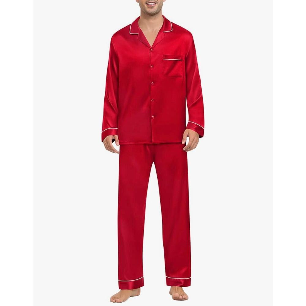 SWOMOG Mens Silk Pajamas Set Satin Long Sleeve Button Down 2 PCS Size M (C175)